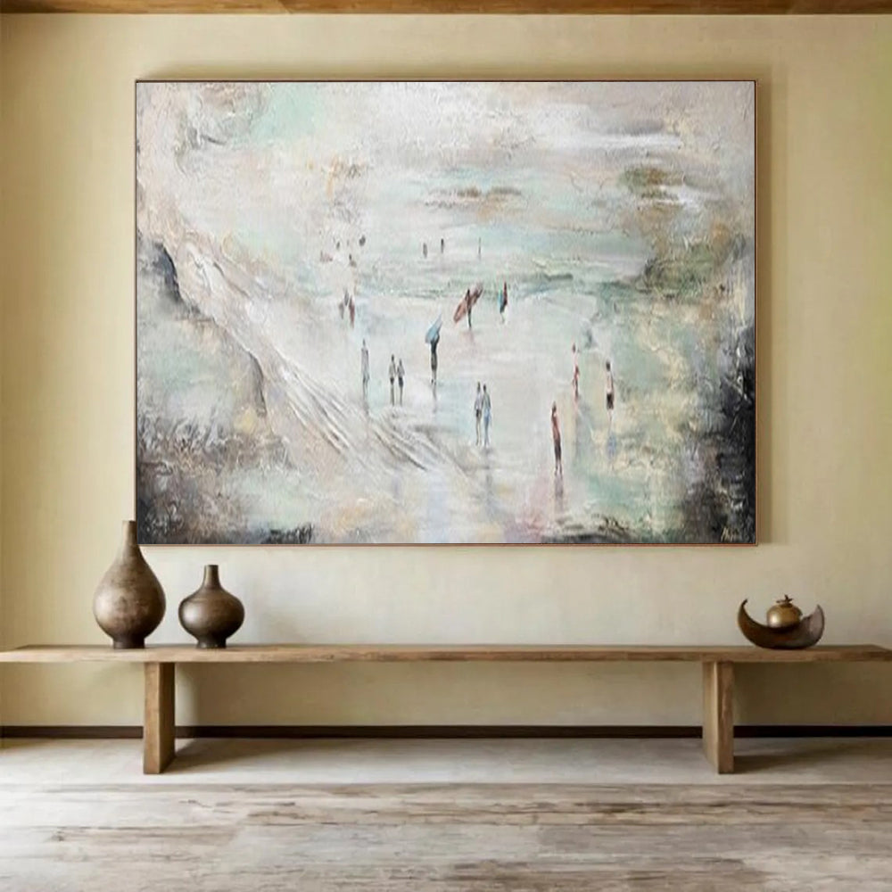 “Abstract Beach Scene with Figures” - Impasto Seascape - Painting On Canvas PT1774
