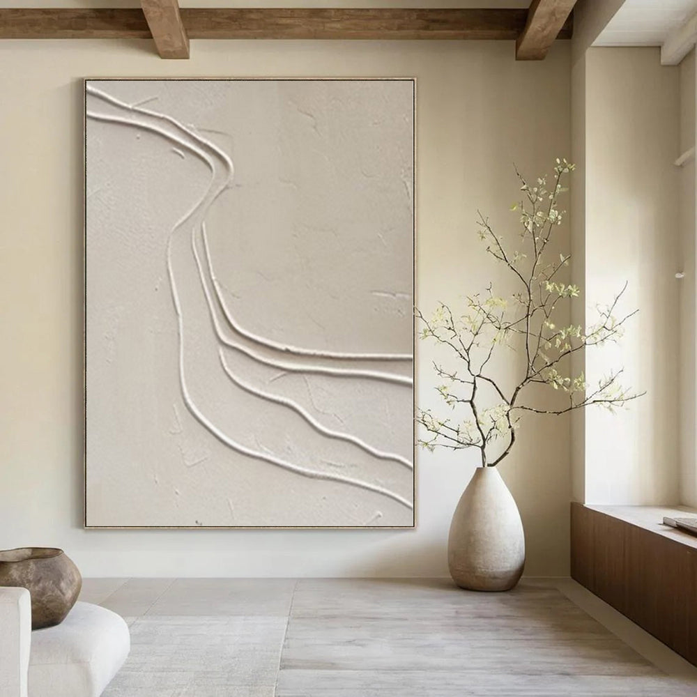 Beige with Curved White Lines "River Flow" Textured Abstract Painting On Canvas PS1094