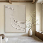 Beige with Curved White Lines "River Flow" Textured Abstract Painting On Canvas PS1094
