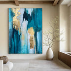 Teal, Blue, and Gold Textured, "Gilded Cascade" – Textured Abstract Painting On Canvas PS1007