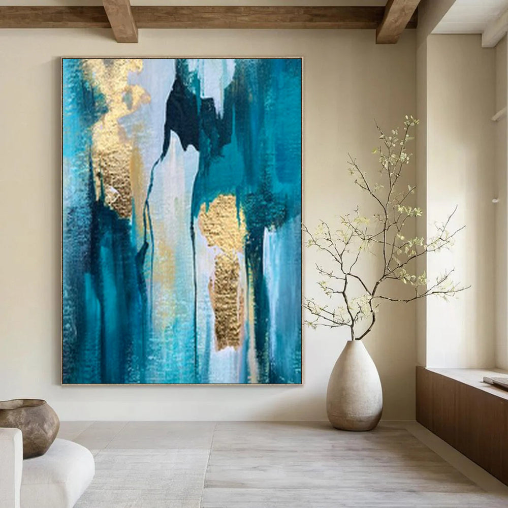 Teal, Blue, and Gold Textured, "Gilded Cascade" – Textured Abstract Painting On Canvas PS1007