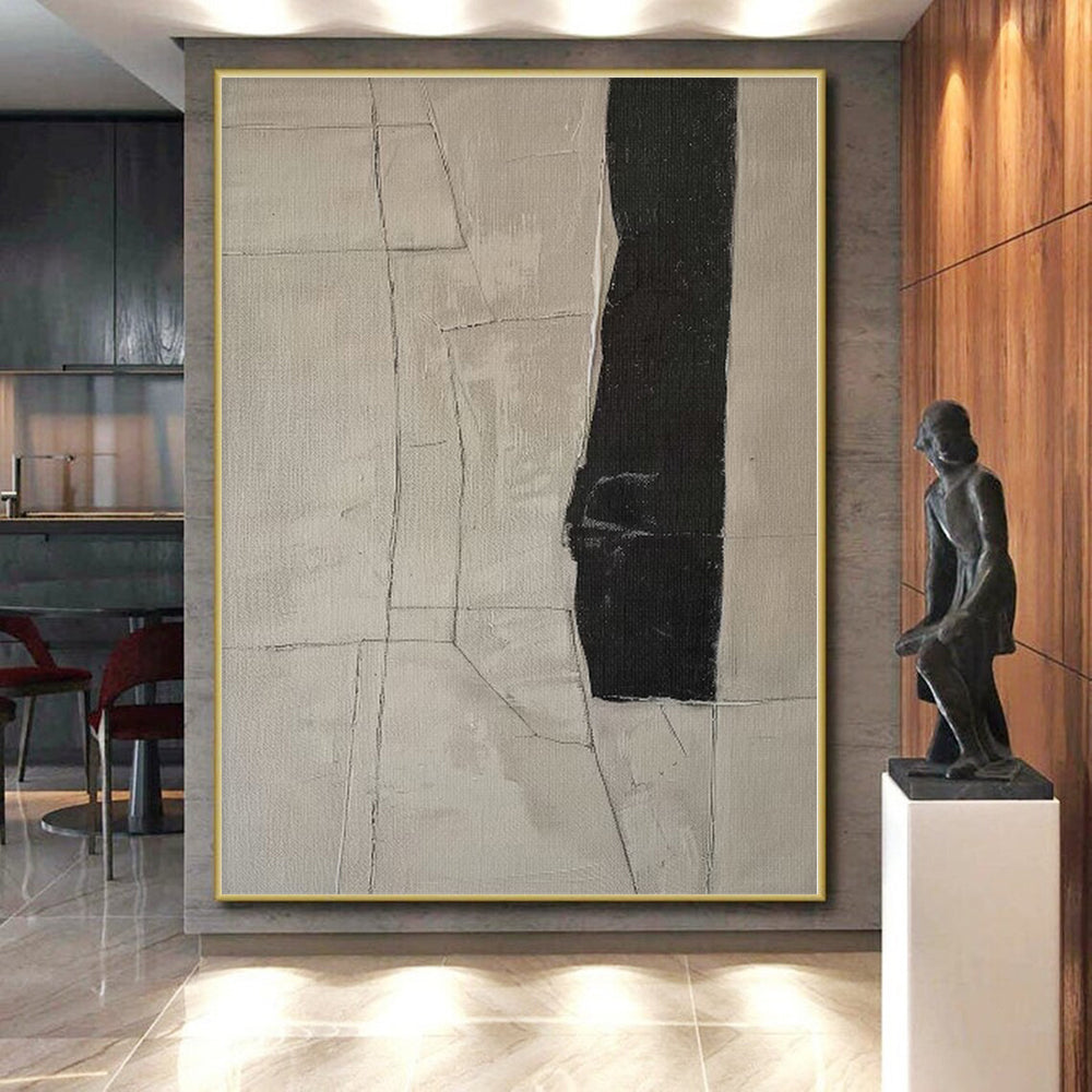 “Neutral Toned Abstract with Black Vertical Shape” - Minimalist Abstract Painting On Canvas PS0269
