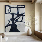 Black, White, Blue with Geometric Forms "Abstract Arbor" Abstract Painting On Canvas PS1418