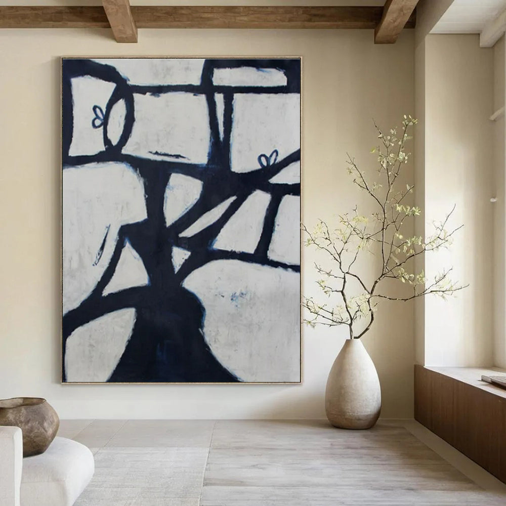 Black, White, Blue with Geometric Forms "Abstract Arbor" Abstract Painting On Canvas PS1418