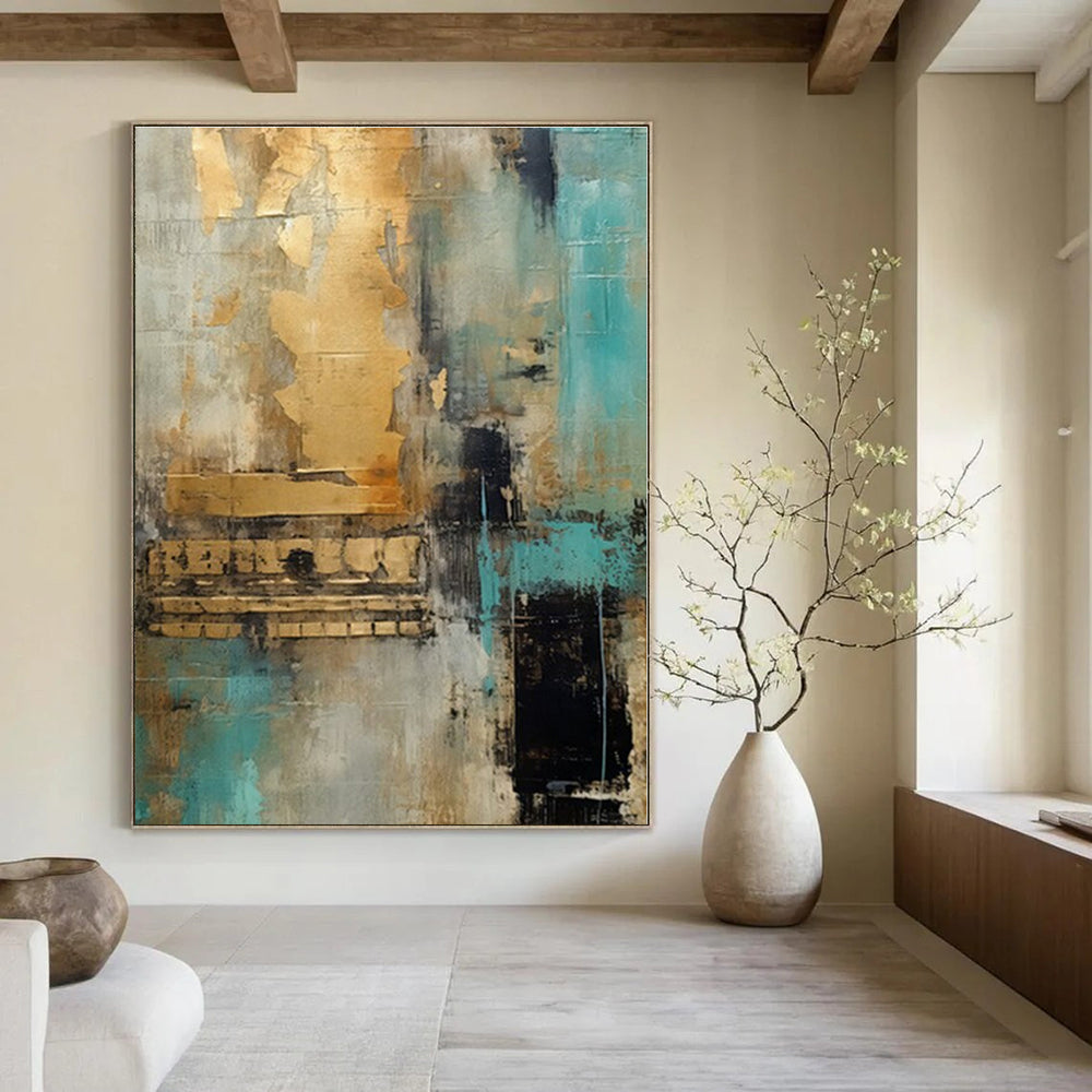 Gold, Teal, Gray with Textured Layers "Gilded Teal Dream" Abstract Painting On Canvas PS1281