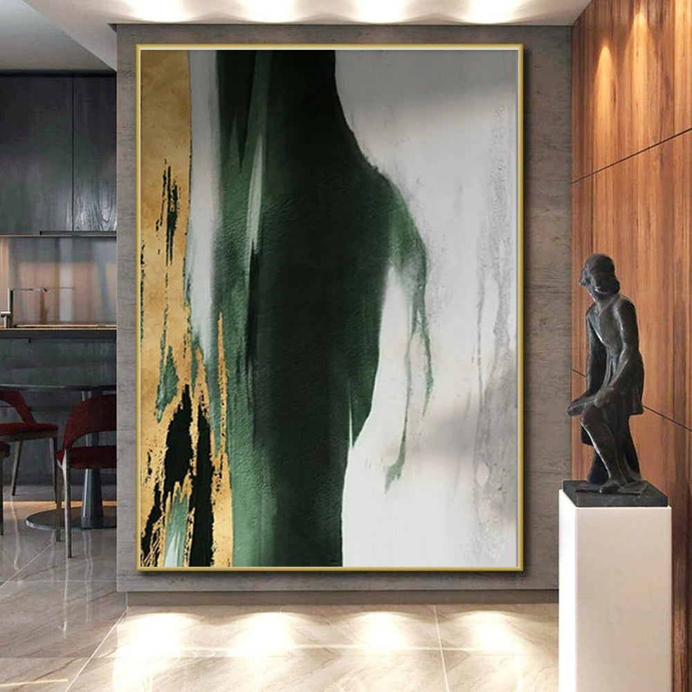 “Gold - Green Abstract Form” - Green, Gray, Gold, White Abstract Minimalist Painting On Canvas PS0640