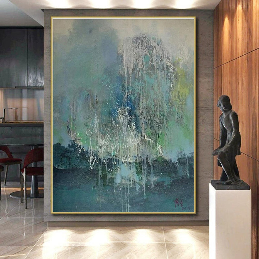 “Waterfall Of Colors” - Blue, Green, White Abstract Drip Painting On Canvas PS0638