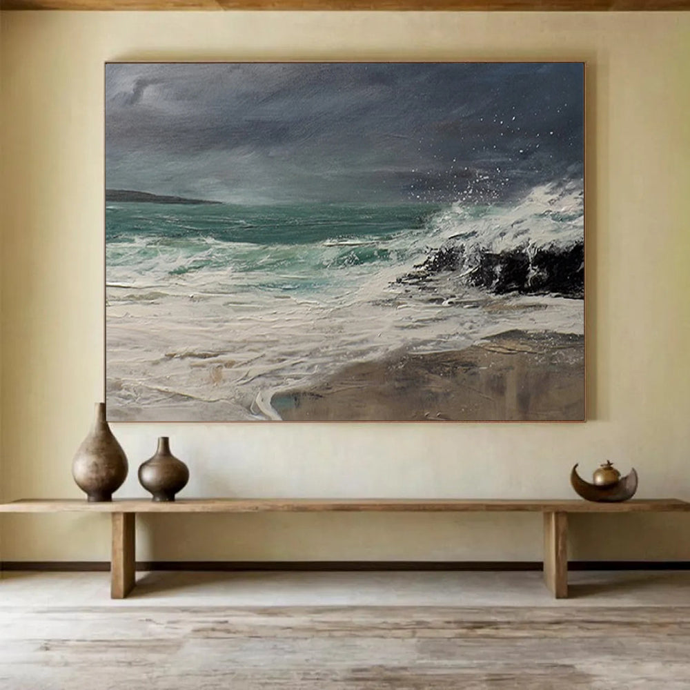 “Dynamic Sea Storm in Greens and Whites” - Realistic Marine Painting On Canvas PT043