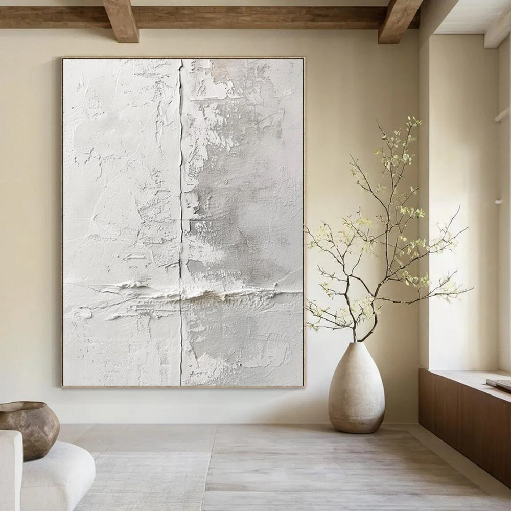 White and Gray Textured, "Cracked Serenity" – Textured Abstract Painting On Canvas PS1016