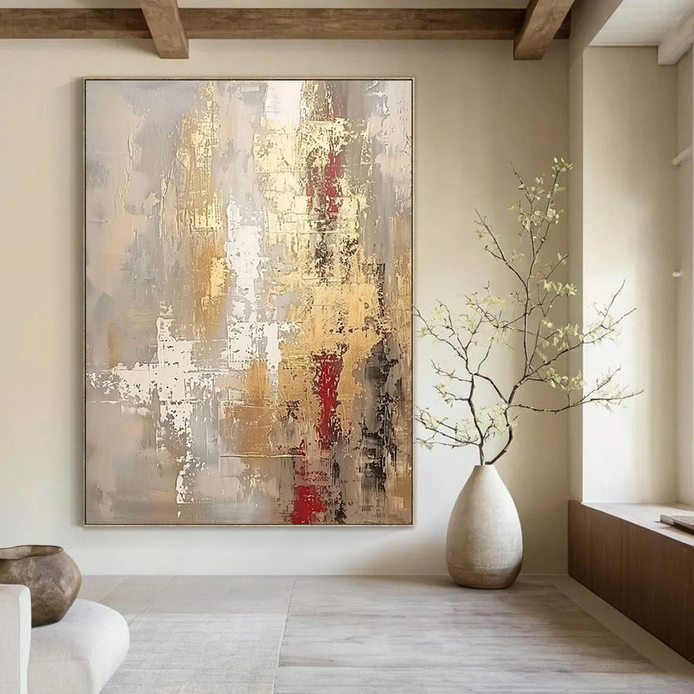 Gray, Gold, White, and Red (Repeat), "Echoes of Gilded Ruins" – Abstract Painting On Canvas PS1022