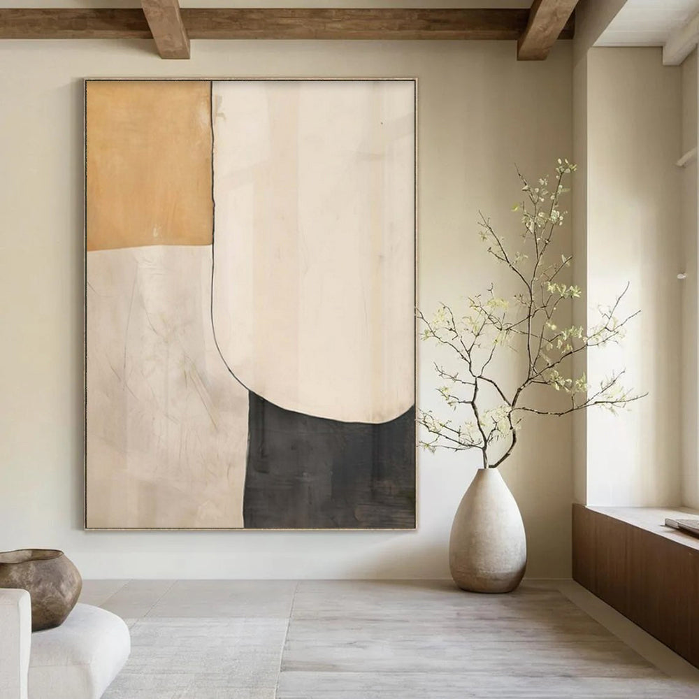 Beige, White, and Black Shapes "Classic Minimalism" Abstract Geometric Painting On Canvas PS1050