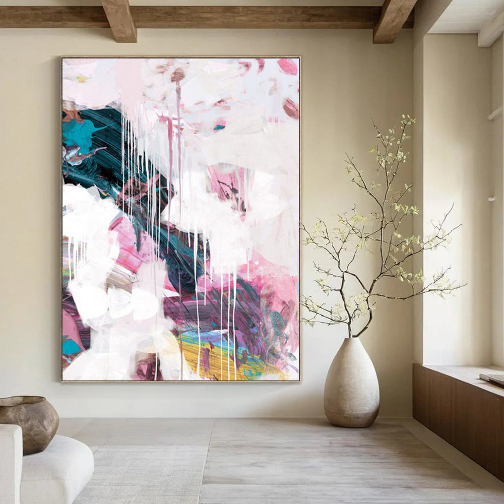 “Blush & Teal Drip Fusion” - Soft Pinks & Deep Greens with Drips Painting On Canvas DS192