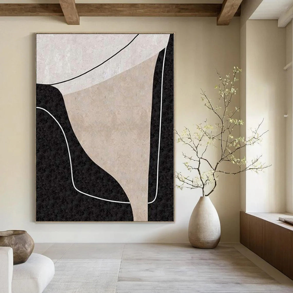 Beige, Black and White with Interconnected Curves "Linked Serenity" Abstract Painting On Canvas PS1105
