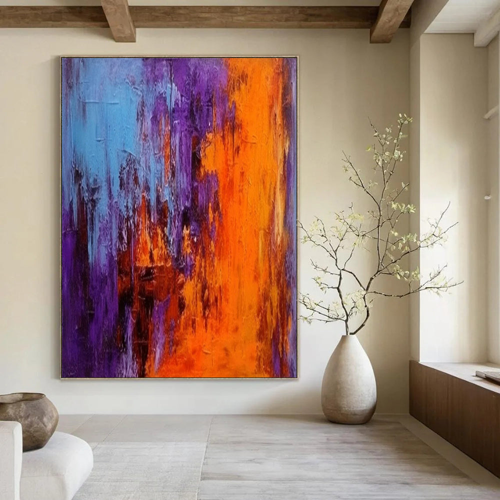Blue - Purple - Orange Abstract Clash Textured Painting On Canvas DS075