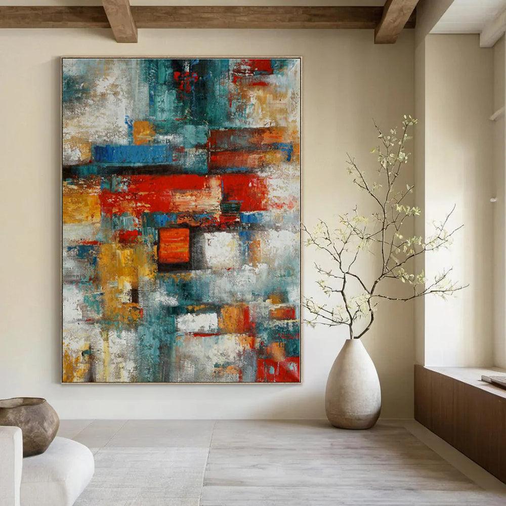 Colorful Geometric Blocks "Vibrant Cityscape" Abstract Painting On Canvas PS1395