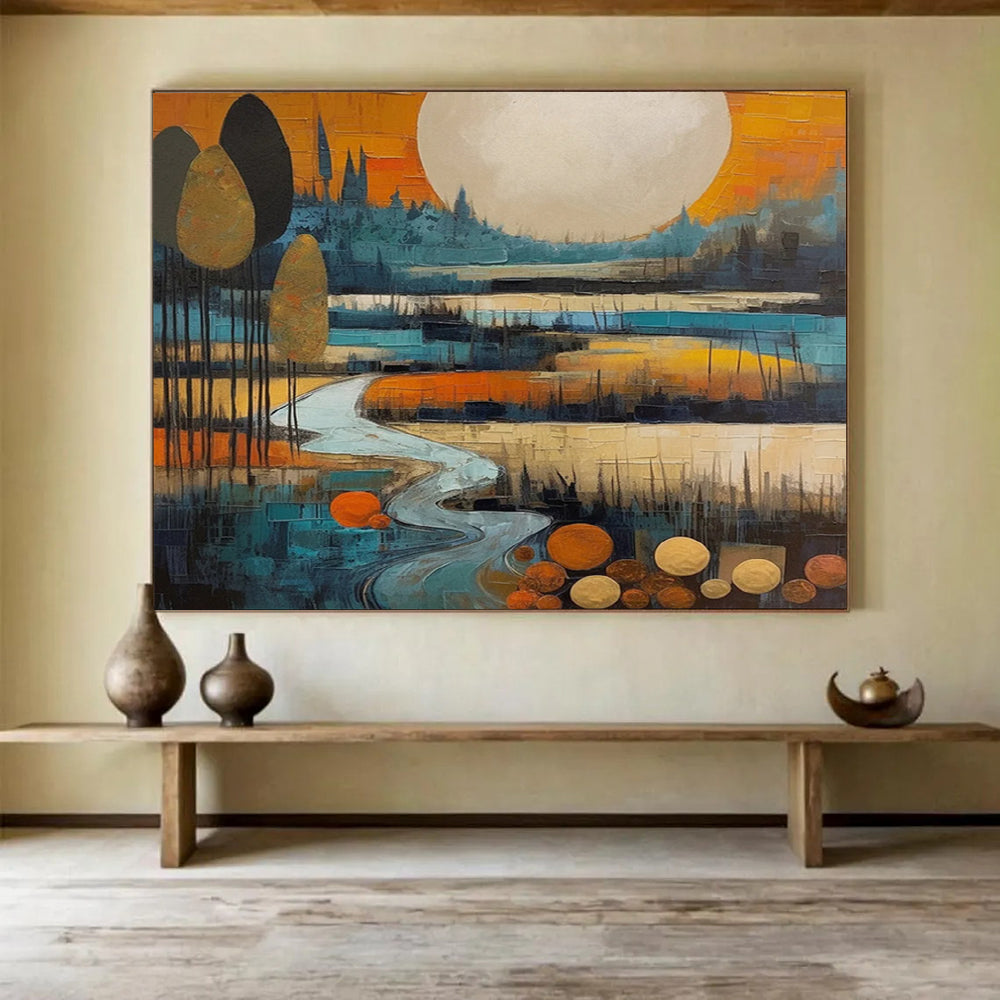 “Color - Blocked Landscape with River and Moon” - Cubist Landscape Painting On Canvas PT086