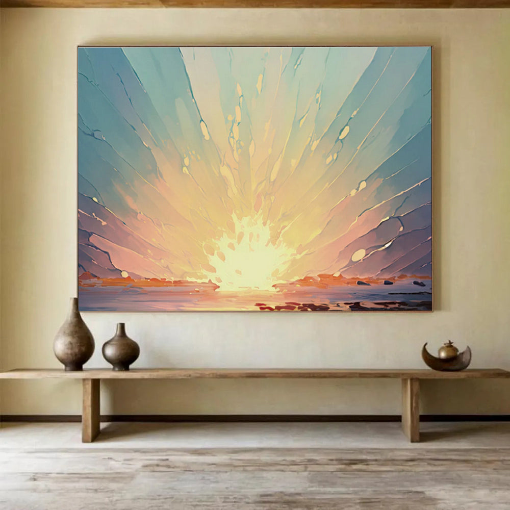 Radiant Dawn - Abstract Sunrise Oil Painting, Perfect for Studio & Lounge DKS665