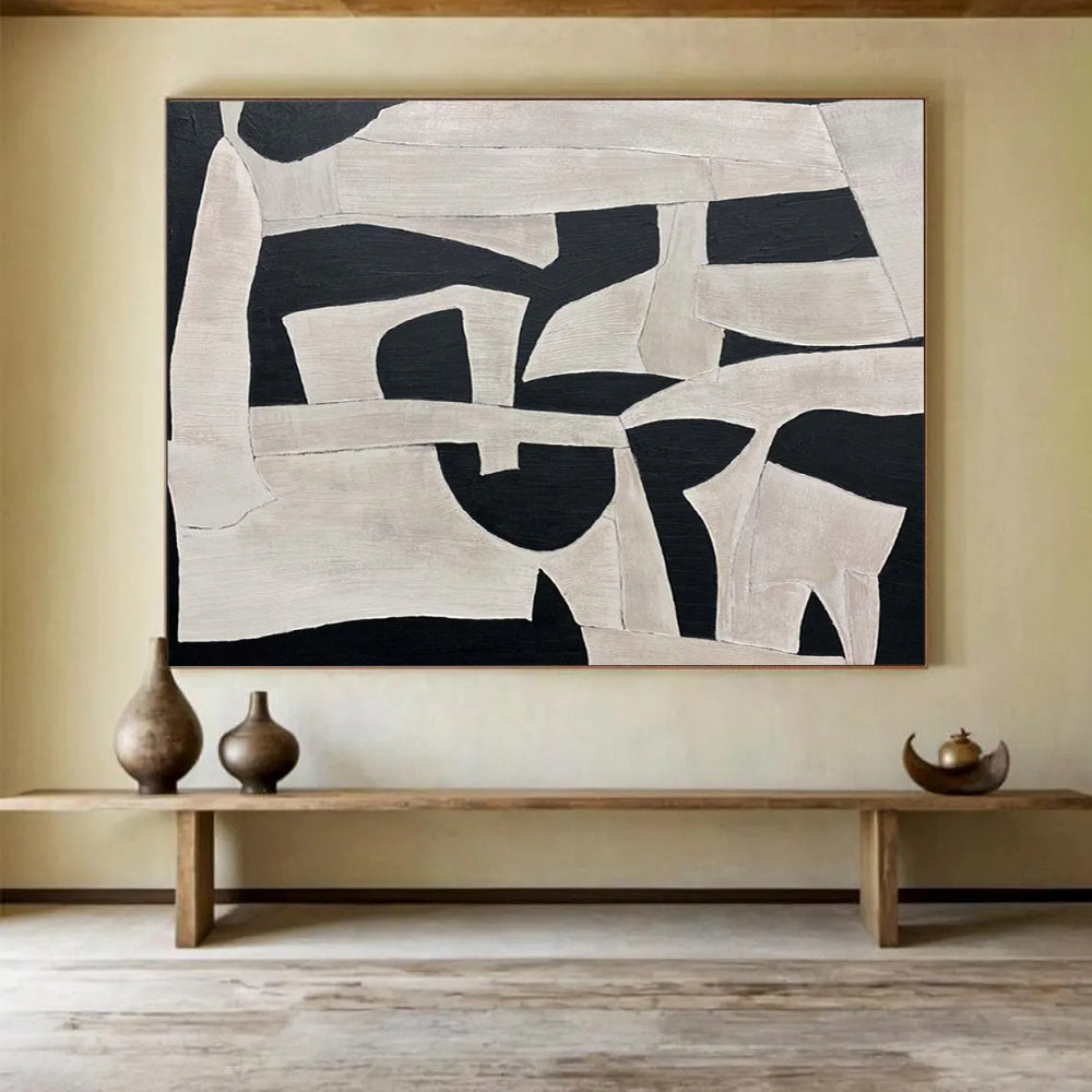 “Black and White Geometric Shapes” - Cubist Abstract Painting On Canvas PT093