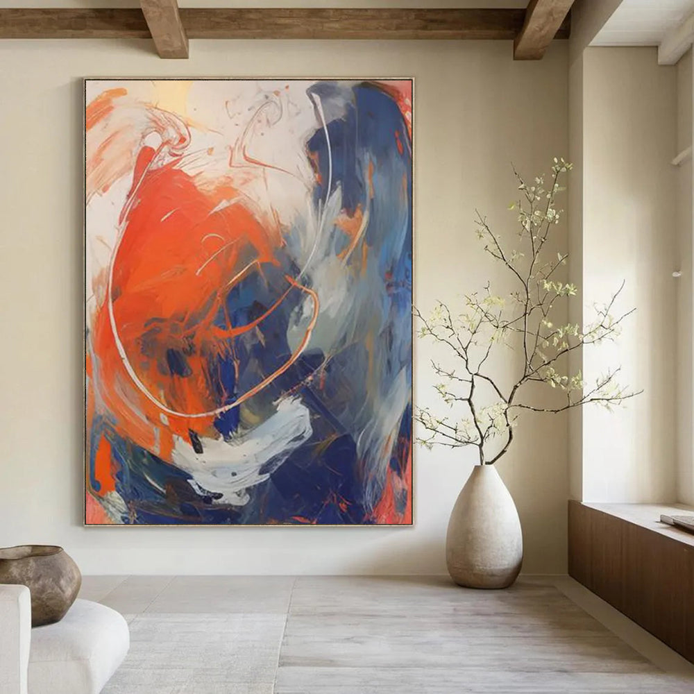 “Vibrant Swirls” - Bold Orange, Blue & White Dynamic Strokes Painting On Canvas DS133