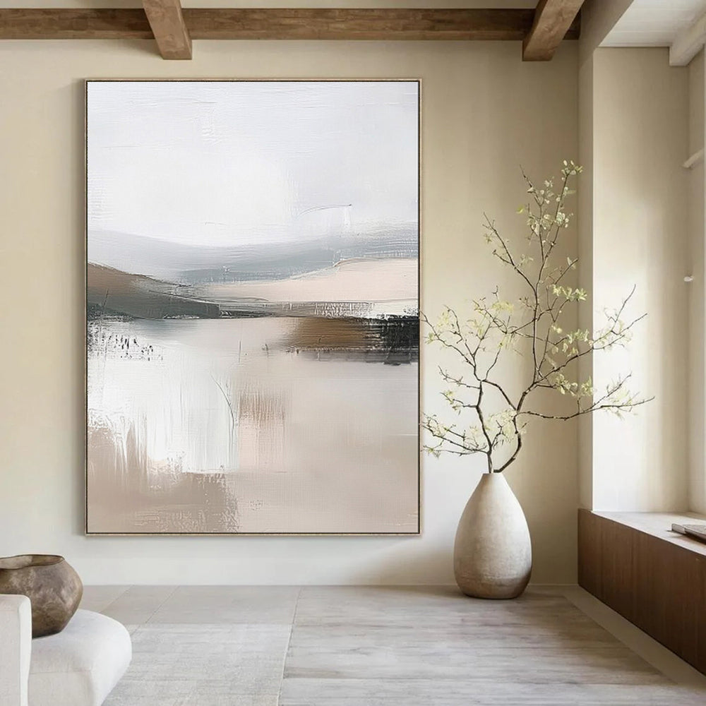 “Abstracted Mountain Lake in Beige - Gray” - Abstract Landscape Painting On Canvas PT2059