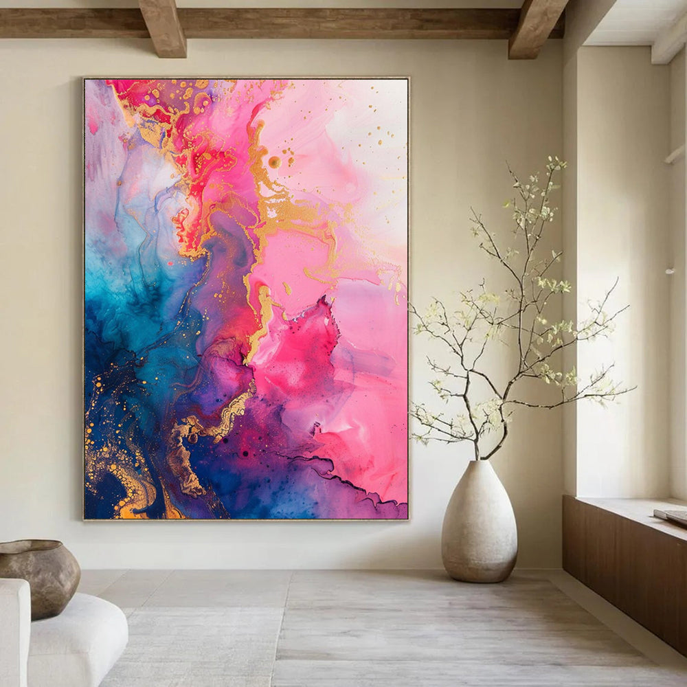 “Pink, Blue & Gold Ink Flow” - Fluid Abstract Painting On Canvas DS286