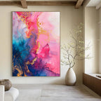 “Pink, Blue & Gold Ink Flow” - Fluid Abstract Painting On Canvas DS286