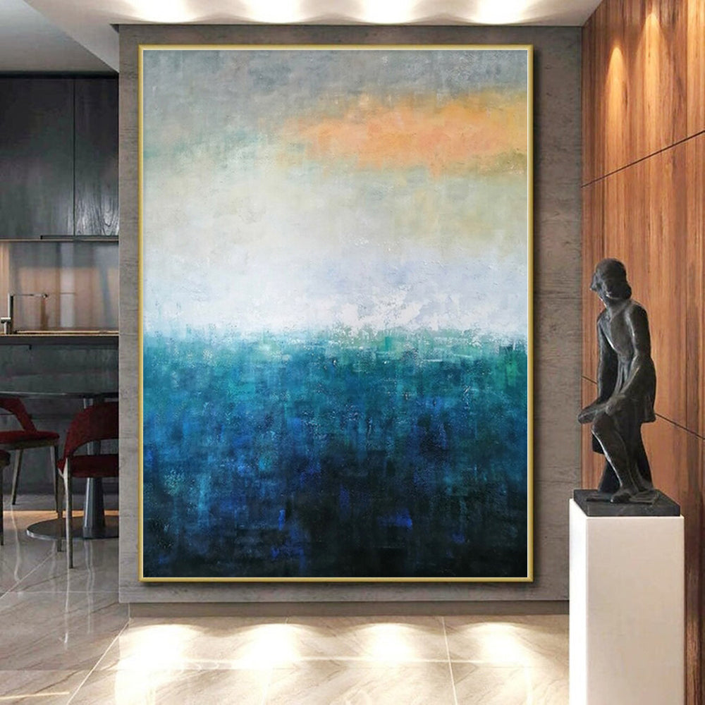 “Blue - Green Abstract Subtle Horizon” - Serene Seascape Painting On Canvas PS0372