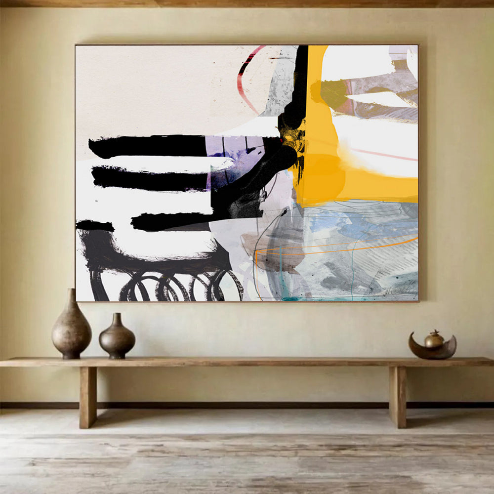 “Bold Black, Yellow, and Purple Abstract” - Modern Expressionist Painting On Canvas PT112