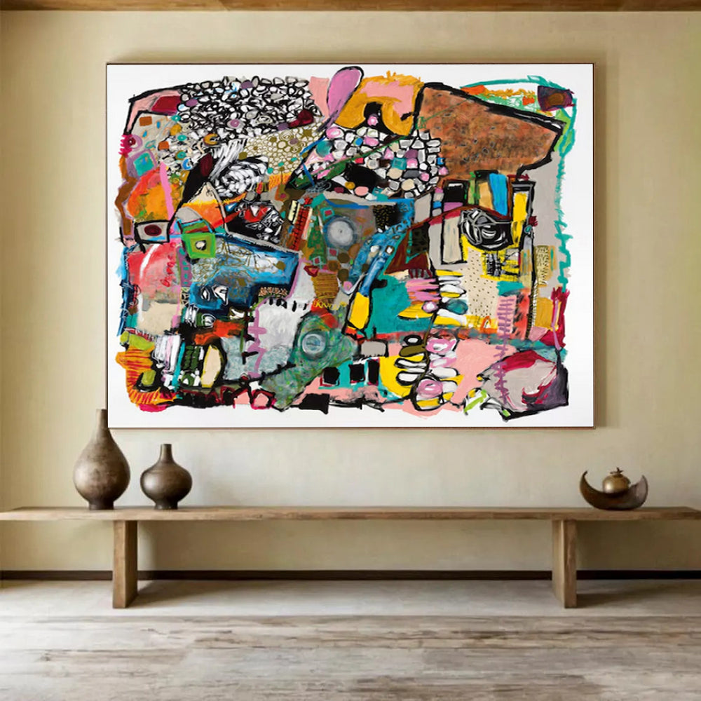 “Colorful Abstract Collage” - Vibrant Mix “Whimsical Mosaic” Painting On Canvas PT1656