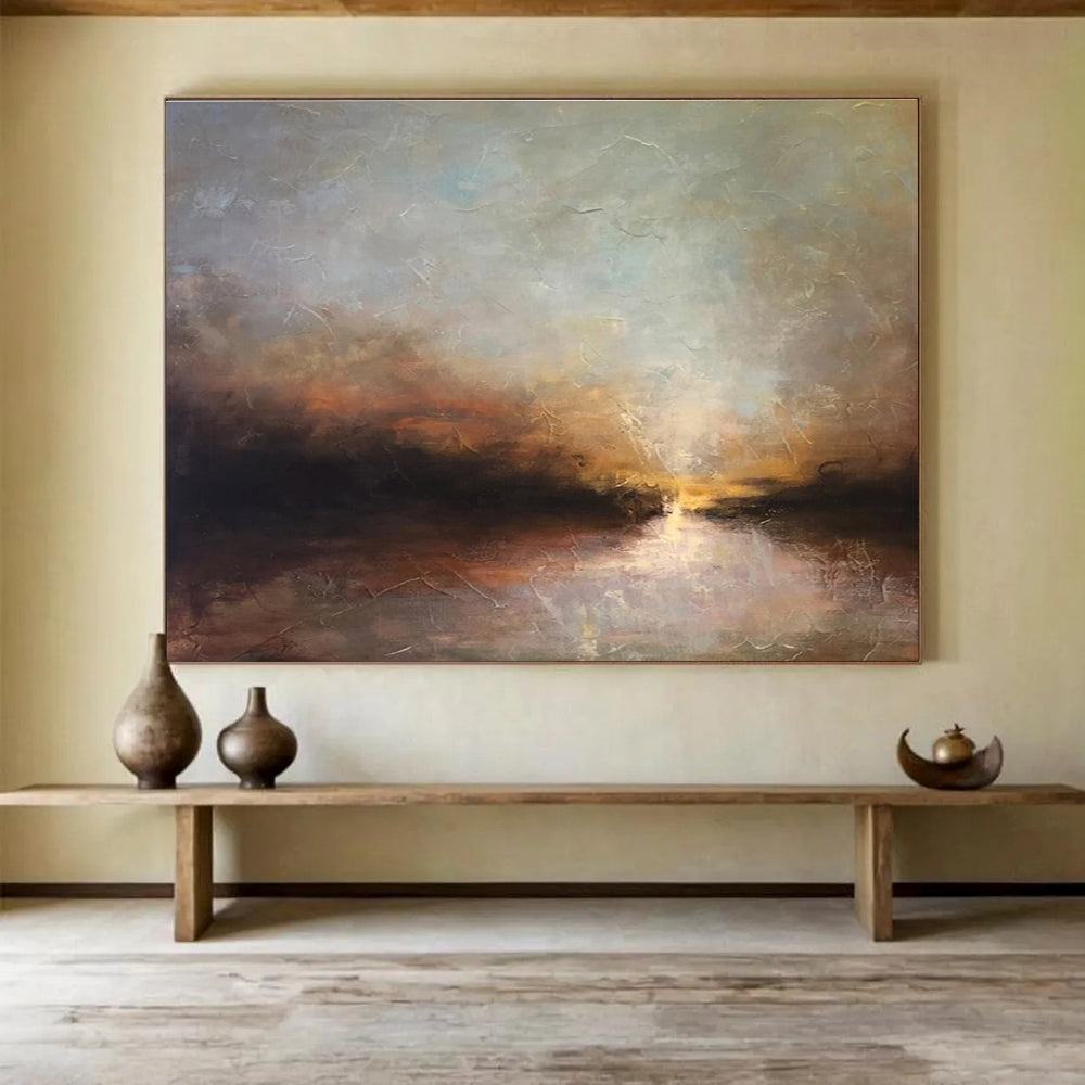 “Sunset River Glow” - Orange, Blue & Gold Landscape, Impressionistic Oil Painting On Canvas DKS774