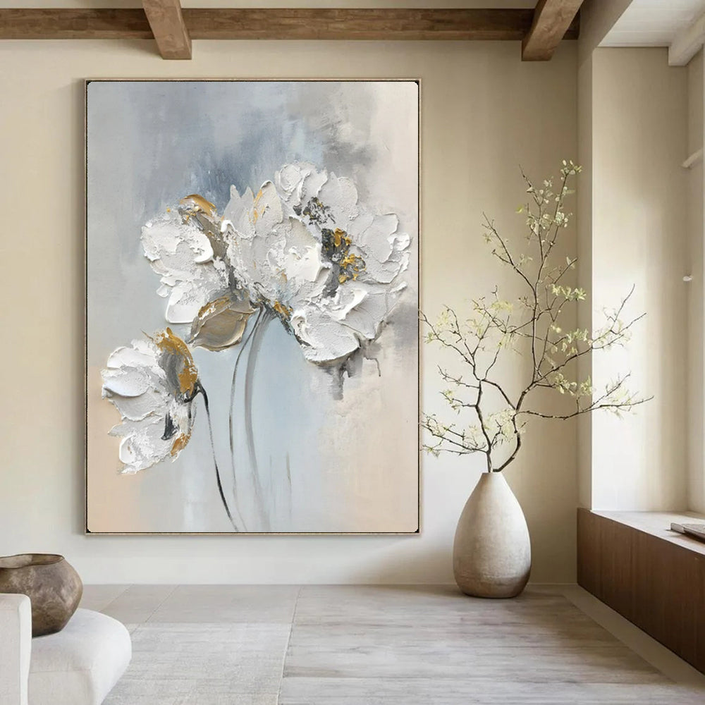 Elegant Blooms White & Gold Impasto Flowers, Painting On Canvas PT2149
