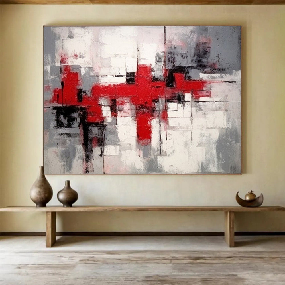 “Red - Gray Abstract Blocks” - Bold Red “Urban Pulse” Painting On Canvas PT1637