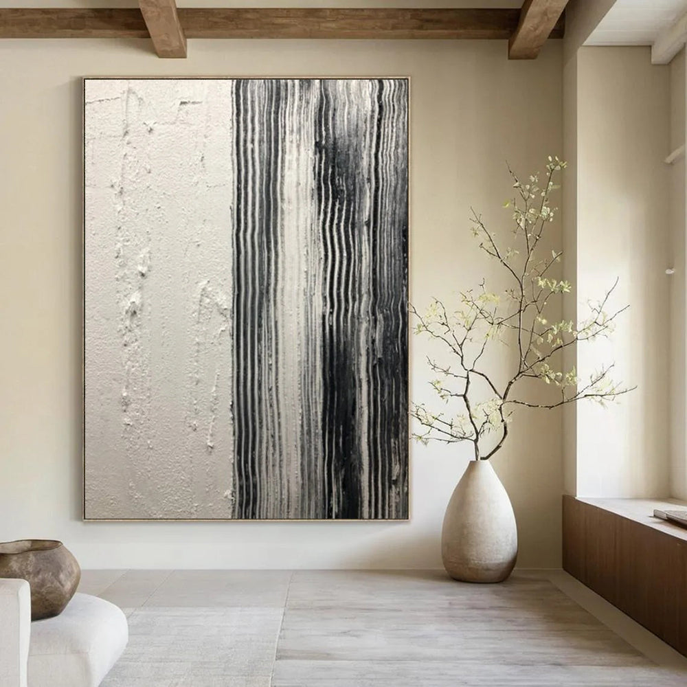 “Black and White Vertical Textured Stripes” - Minimalist Abstract Painting On Canvas DS382