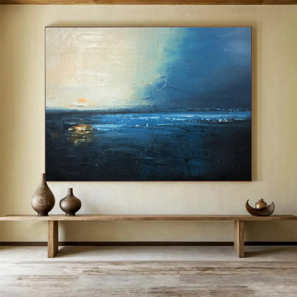 Midnight Blue Sea: Dark Blue, Gray & Orange Abstract Landscape Painting for Nautical Bedroom & Poetry Corner DKS647