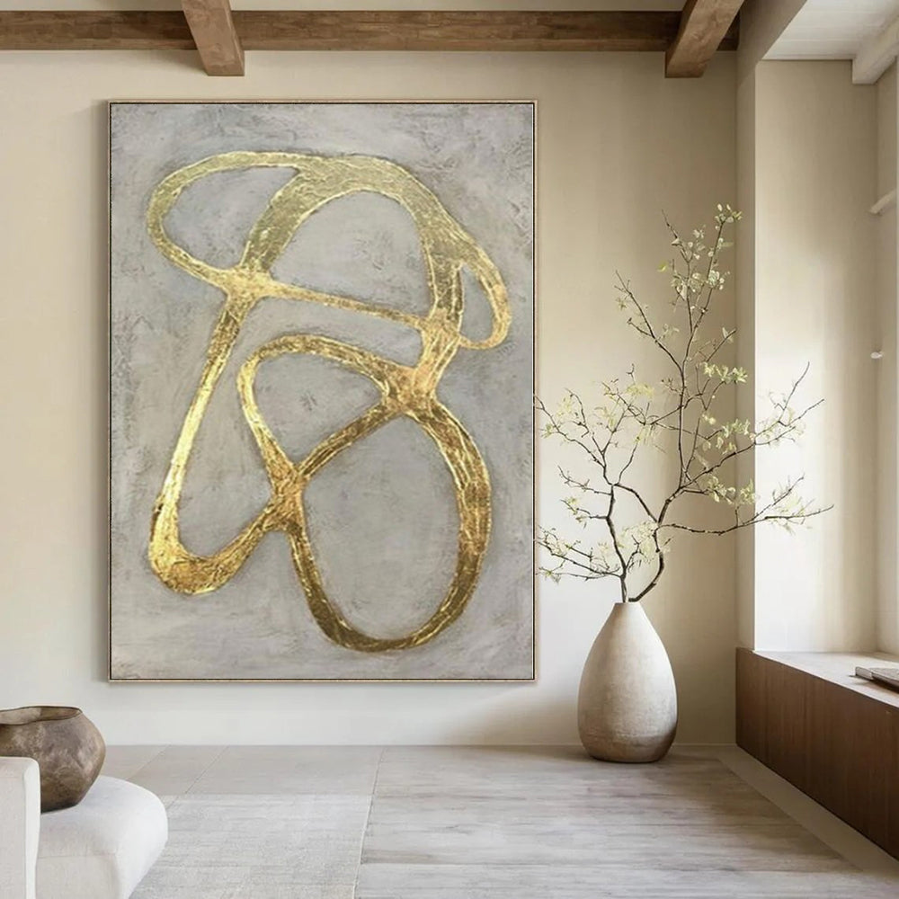 Gray with Gold Curved Lines "Elegant Twist" Luxe Abstract Painting On Canvas PS1097