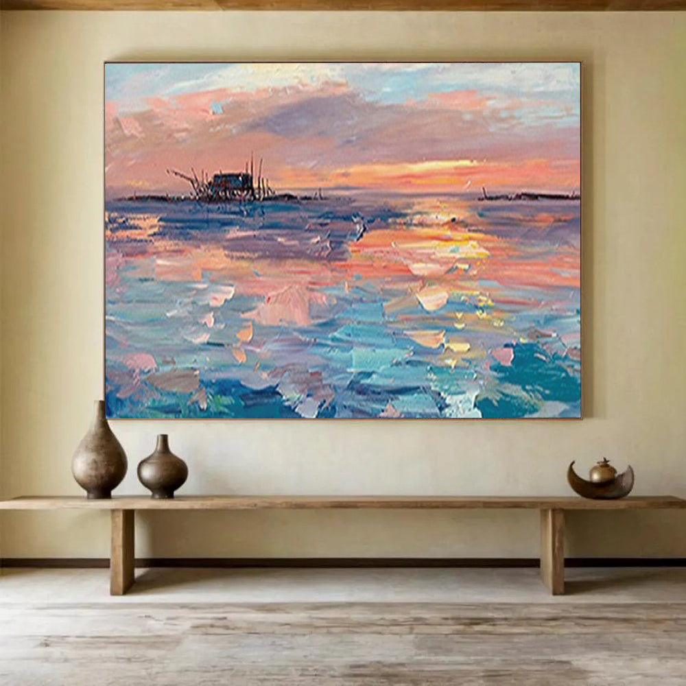 “Sunset Fishing Village” - Impressionistic Seaside Painting On Canvas PT205