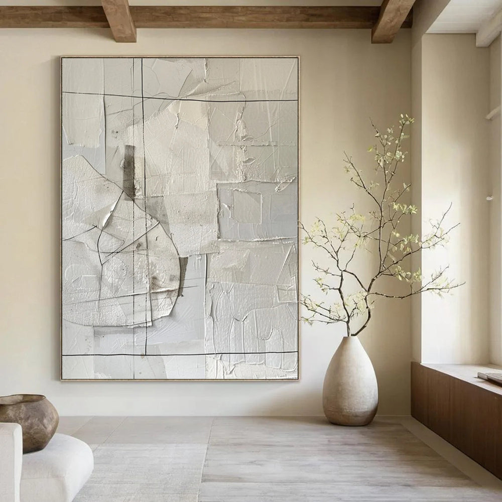 “White - Gray Collage Abstraction” - Mixed - Media Abstract Painting On Canvas DS017