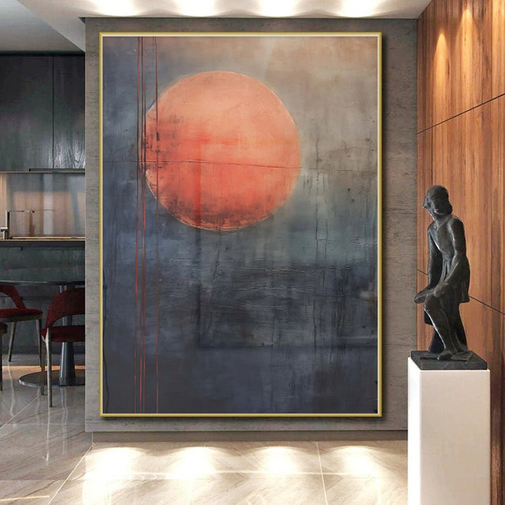 “Red - Gray Abstract Sun” - Red, Gray Abstract Painting On Canvas PS0452