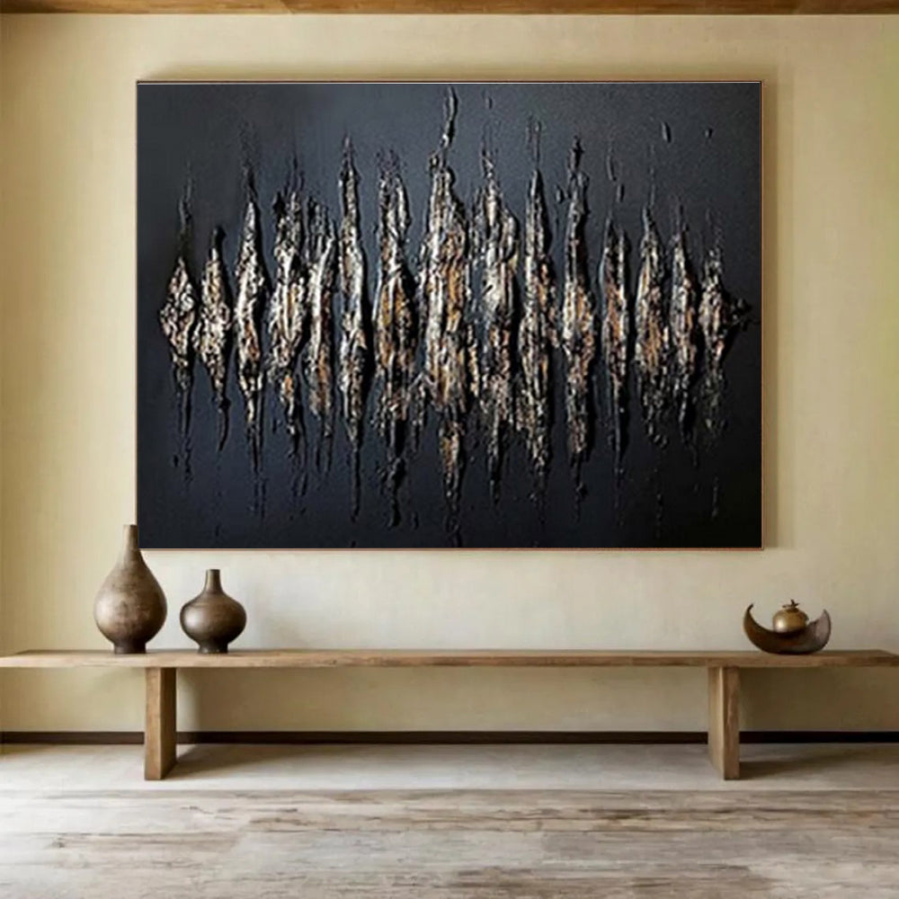 Black with Gold - Brown Textured Strokes Abstract Painting On Canvas DKS097