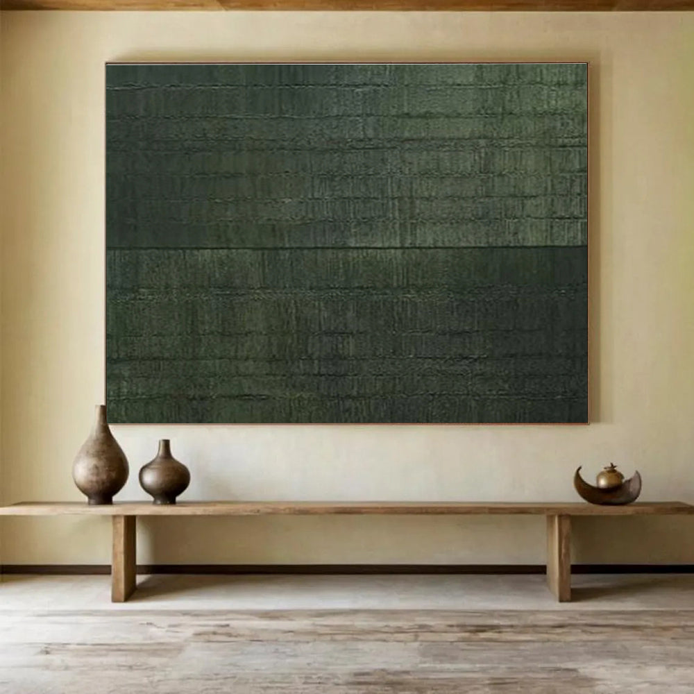 Dark Green Texture: Monochromatic Minimalist Painting for Zen Garden Room & Minimalist Study DKS656
