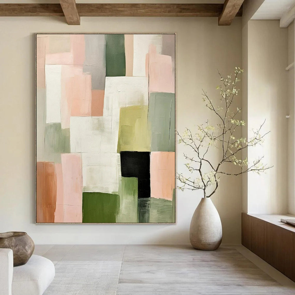 “Blush and Green Geometric Abstract” - Minimalist Geometric Painting On Canvas PT2260