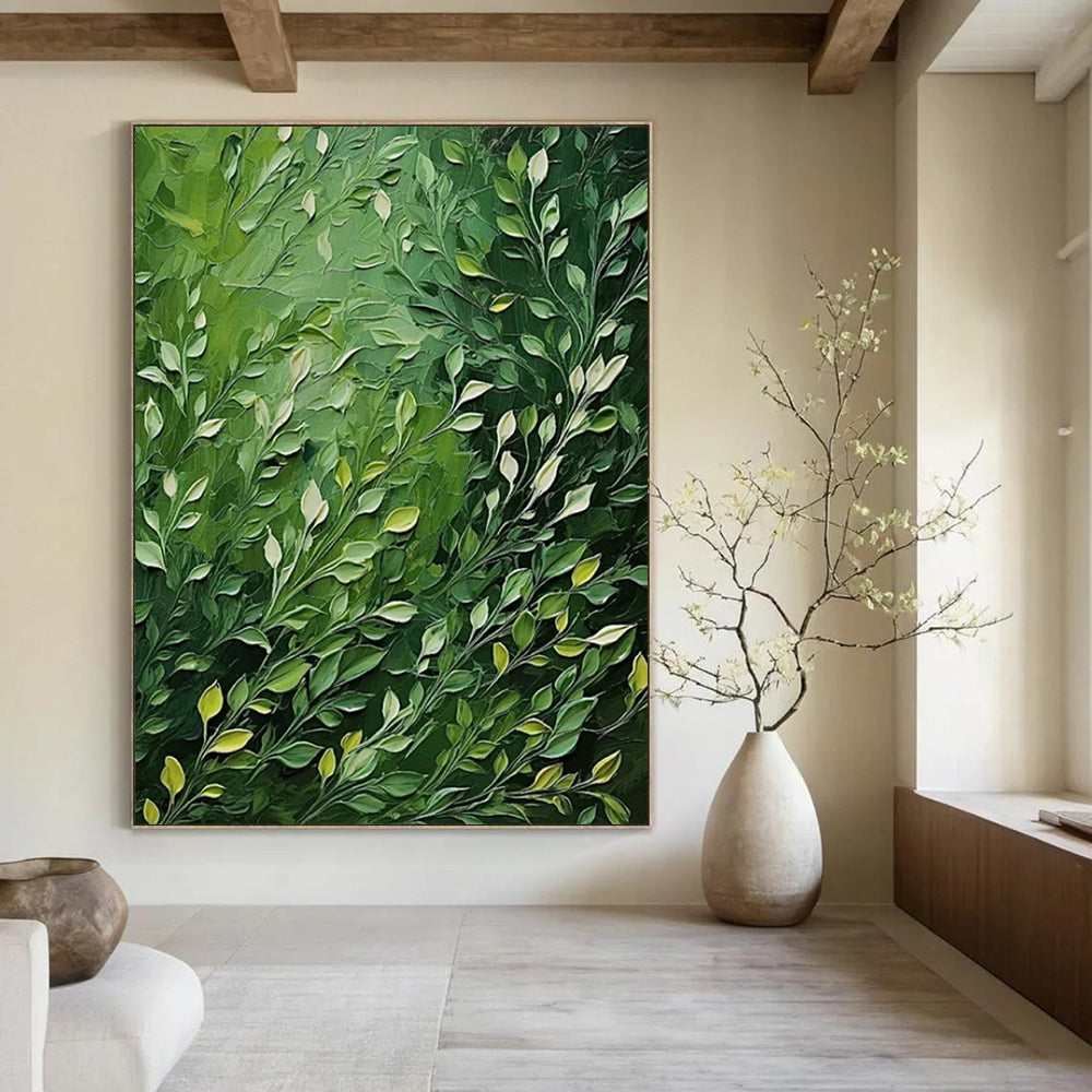 “Green Leafy Textured Abstract” - Impressionist Botanical Painting On Canvas PT2284