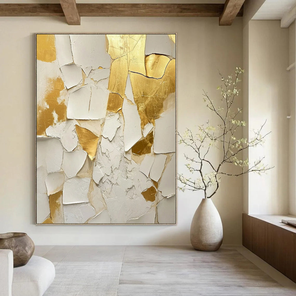 “Cracked Gold - White Textured Art” - Mixed - Media Abstract Painting On Canvas PS0216