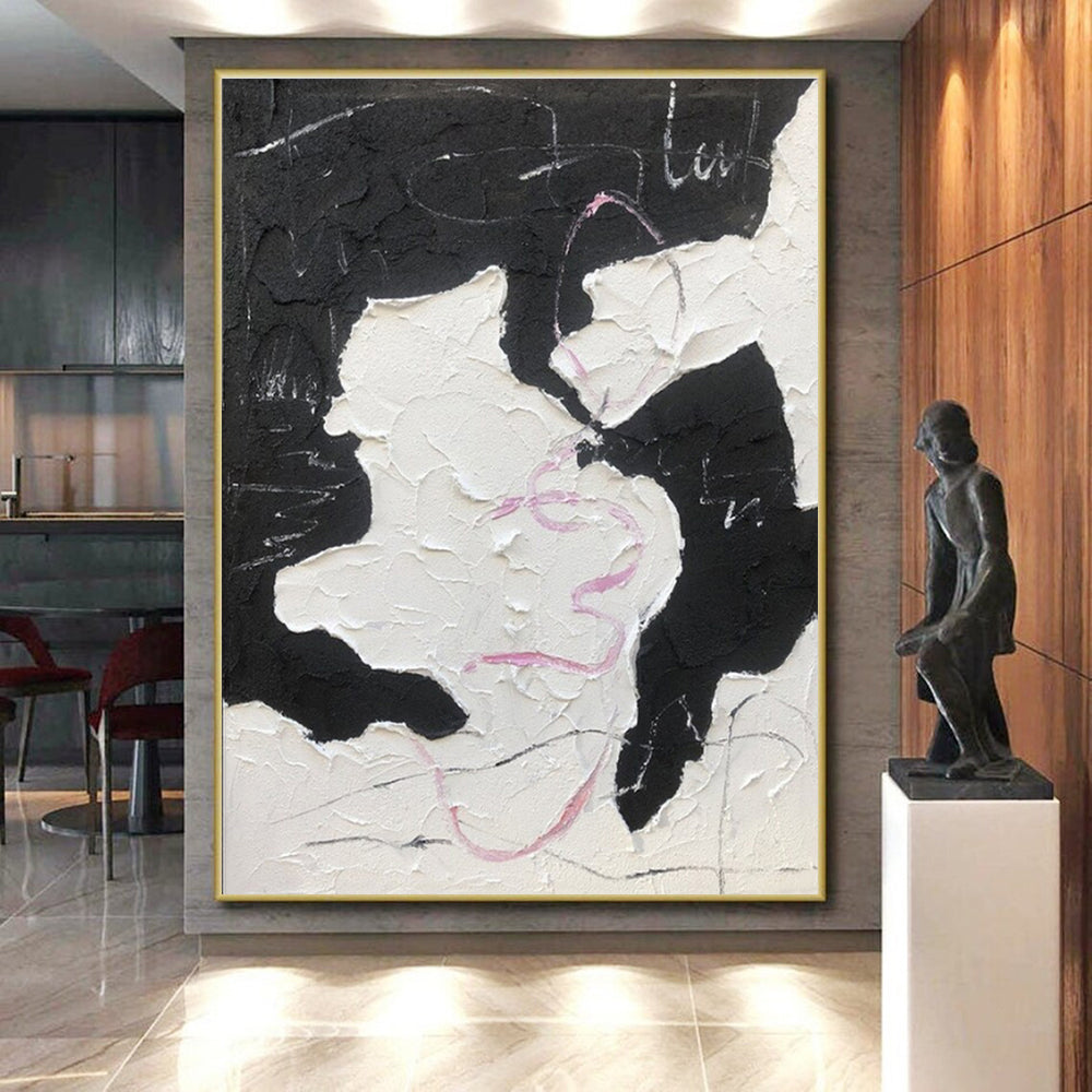 “Textured Black - White - Pink” - Black, White, Pink Textured Abstract Painting On Canvas PS0773
