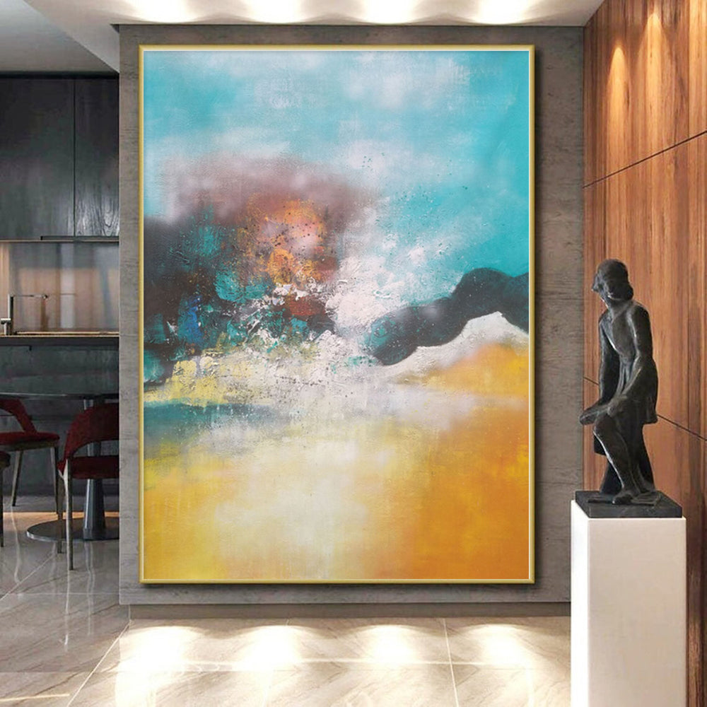 “Turquoise - Yellow Abstract Landscape” - Turquoise, Yellow, Brown Abstract Painting On Canvas PS0474