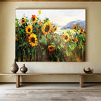 “Sunflower Field with Mountain View” - Impressionist Landscape - Painting On Canvas PT1760