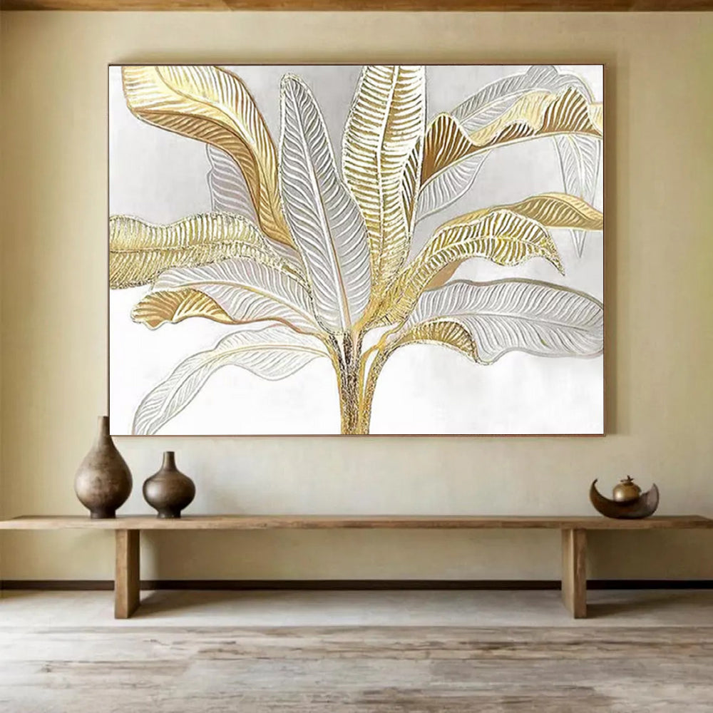 “Gold - Silver Tropical Foliage” - Elegant Botanical Painting On Canvas PT1560