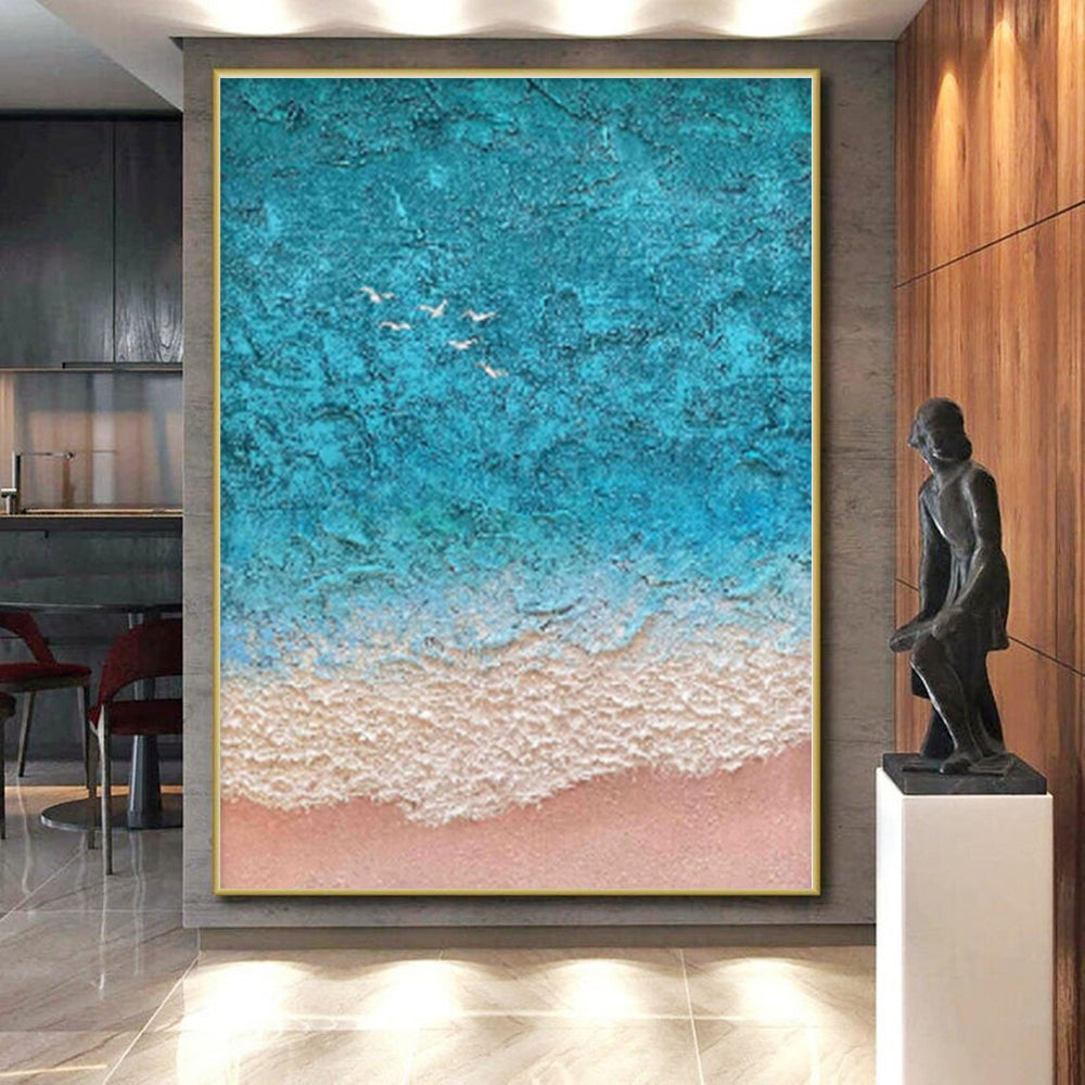 “Turquoise - Beige Seaside Aerial” - Turquoise, Beige, White Abstract Aerial Seaside Painting On Canvas PS0563