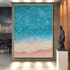 “Turquoise - Beige Seaside Aerial” - Turquoise, Beige, White Abstract Aerial Seaside Painting On Canvas PS0563