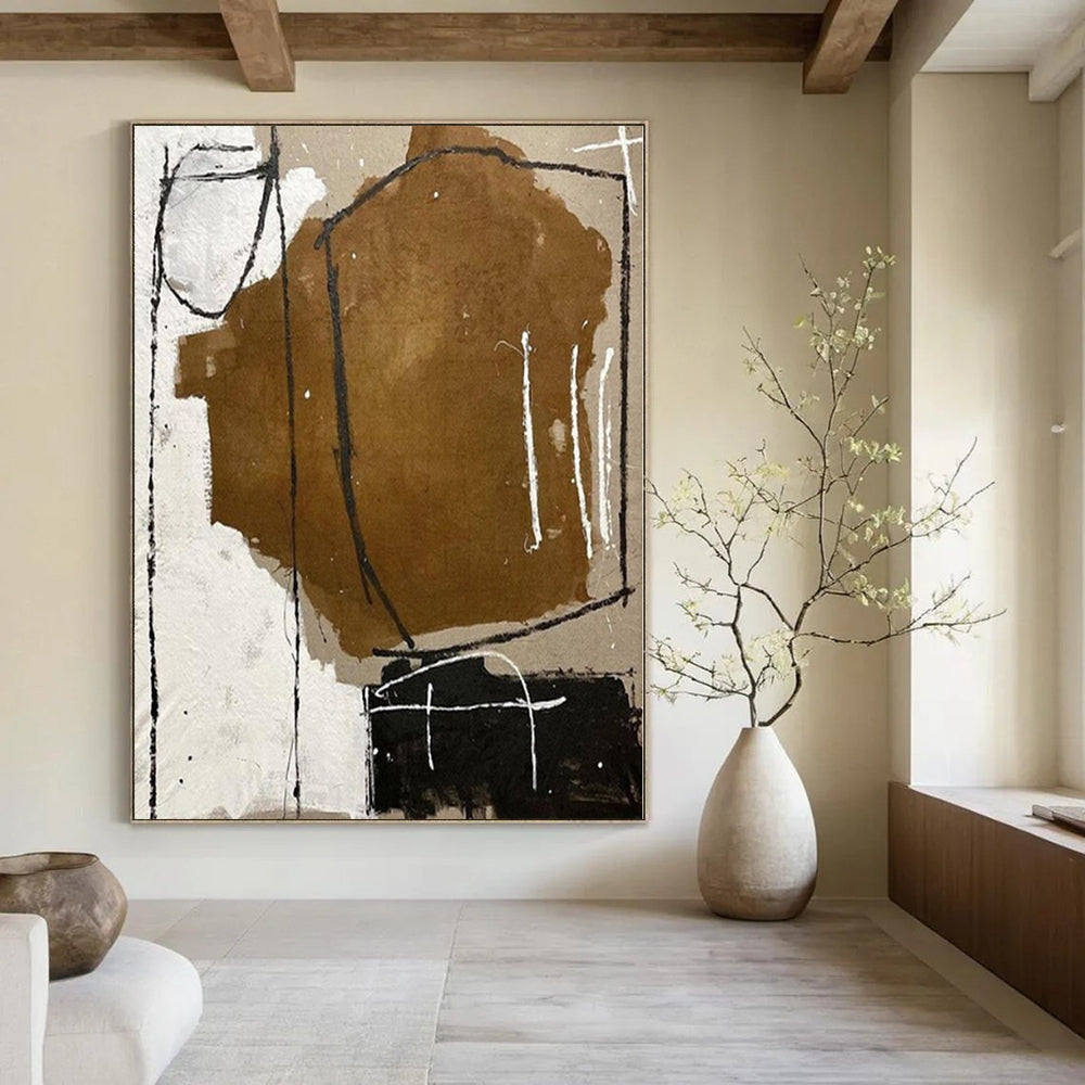 Brown, White and Black with Raw Brushstrokes "Rustic Sketch" Abstract Painting On Canvas PS1125